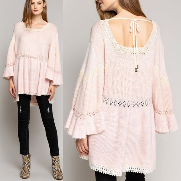 Pink Flutter Bell Sleeve Lace Boho Tunic Sweater - Picture 4 of 9